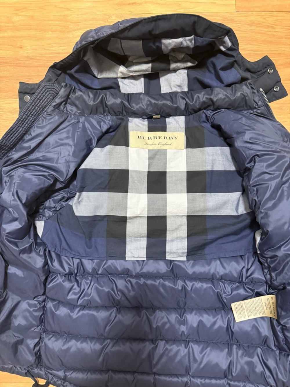 Burberry Navy and Black Quilted Hooded Down Jacket